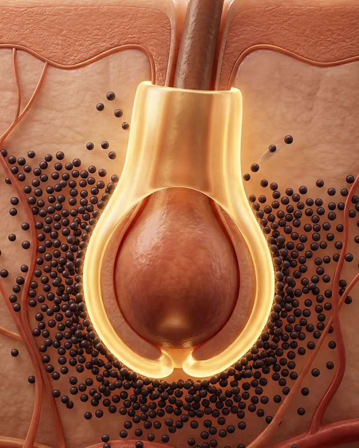 An intact golden barrier wrapped around the hair follicle bulb. DHT particles swarm in the surrounding tissue, pressing against the barrier from every side, and none reach the follicle.