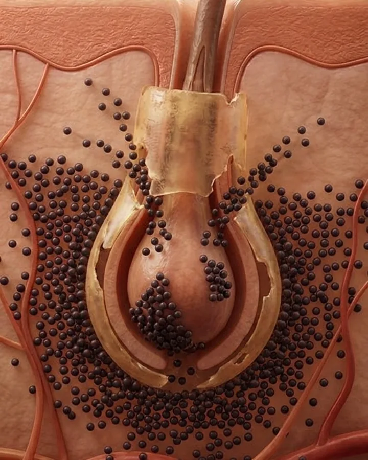 The same barrier now dull and torn open. DHT particles stream in through the gaps and settle directly on the follicle bulb, which is paler and diminished.